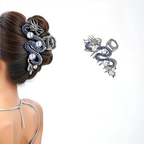 Fashionable Dragon Metal Claw Clips for Women Blue Rhinestone & Pearls Silver Alloy Halloween Decorative Clips Hair Accessories Birthday New Year Gifts - Image 1