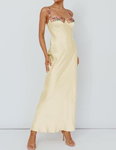 Sexy Satin Spaghetti Strap Floral Embroidered Maxi Dress for Women Sweetheart Neckline Backless Sleeveless Slit Midi Dress thumbnail 5