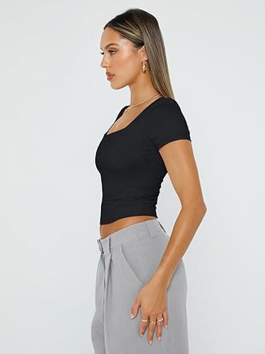 Trendy Queen Tshirts Shirts for Women Double Lined Going Out Crop Tops 2025 Spring Summer Workout Y2k Clothes Beach Fashion - Small - Black thumbnail 3