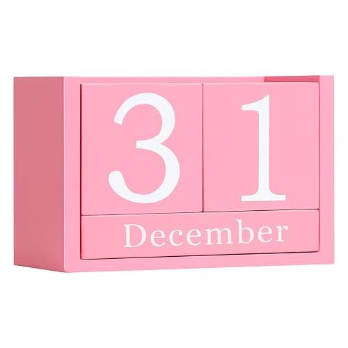 DEERINE Wooden Block Calendar for Desk, Large Size Daily Desktop Perpetual Desk Calendar, Cute Date Display Desk Accessories for Home Office Decor, Teacher, Classroom, Reusable Yearly, Pink - Image 1