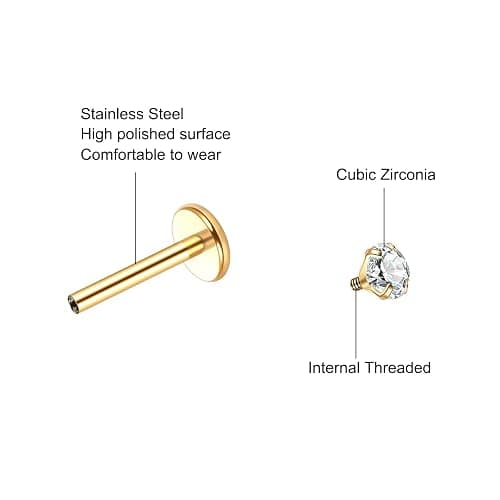 Xpircn 14K Gold Plated Flat Back Stud Earrings 316L Surgical Steel Internally Threaded CZ Stud Piercing Jewelry for Tragus Helix Cartilage Conch Nose Hypoallergenic Lip Labret Medusa Piercing 16G 18G thumbnail 4