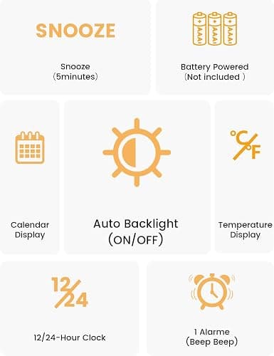 aboveClock Digital Alarm Clock, Wooden Bedside Clock with Large LCD Backlit Display, Temperature, Snooze Function, Brightness Sensor, 3 AAA Battery Operated【Battery NOT Included】 thumbnail 7