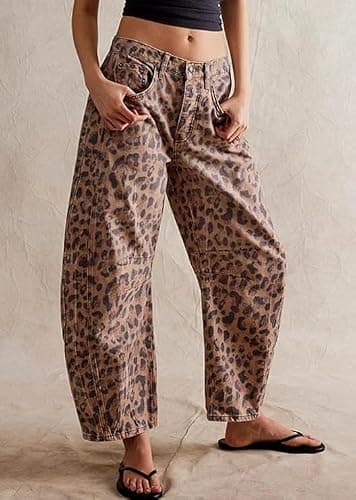 Haohukeji Barrel Jeans Women Boyfriend Baggy Barrel Floral Print Denim Ankle Pants Mid Rise Wide Leg Sweatpants Y2k Patchwork thumbnail 2