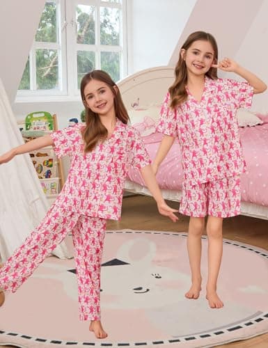 SWOMOG Kids Pajamas Sets 3PCS Short Sleeve Long Pants with Shorts Girls Boys Button Down PJS Cute Loungewear for 4T-15Years, thumbnail 2