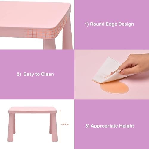 LIFEZEAL Set Tavolo e Sedie per Bambini 1-7 Anni, Tavolino Multiattivita in Plastica Rettangolare, Piccoli con Schienale con Capacità di 50 kg (rosa) thumbnail 6
