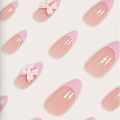24pcs French Tip Press on Nails Short Almond Fake Nails with Charm Designs Cute Bow False Nails Full Cover Glue on Nails Pink French Tip Artificial Nails for Women Girl Nail Decoration thumbnail 2