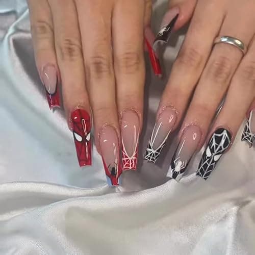VEBONNY Long Ballet Nail Halloween SpiderMan Sweet Cool,Red and Black Cobwebs French Tips Press on Nail,Nude Pink Coffin Shaped Acrylic Stick on Fake Nails VEBONNY LT194 - Image 1