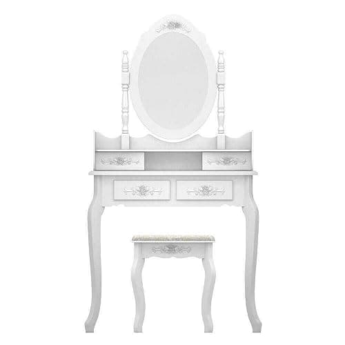 White Vanity Jewelry Makeup Dressing Table Set W/Stool 4 Drawer Mirror Wood Desk - Image 1