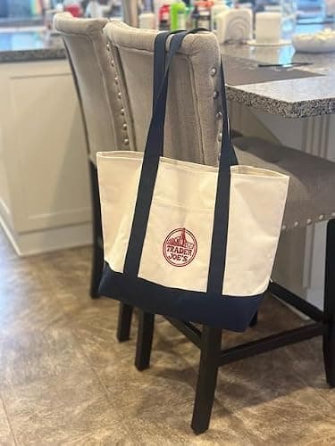 EXZMA Trader Joes Large Tote Shopping Bag Cotton Canvas Embroidered Bag (1), Navy Blue thumbnail 2