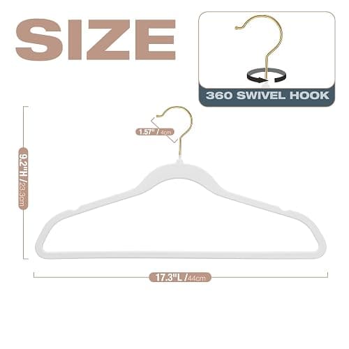 Uinicor 50 Pack White Velvet Hangers,Non Slip,Heavy-Duty,Slim,Space Saving,with Felt Surface and Gold 360°Swivel Hook,for Pants,Outfit,Skirts,Suits,Coats,Dresses ect. thumbnail 2