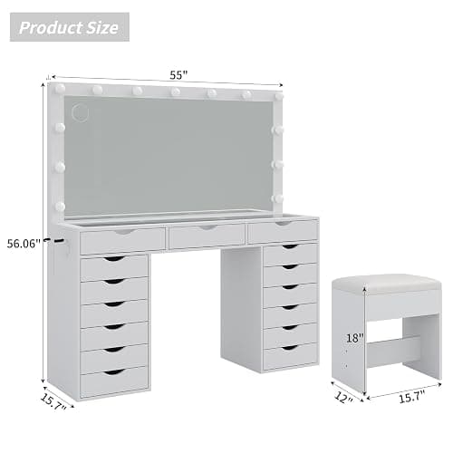 Yanosaku Vanity Desk with Mirror and Lights, Makeup Table with Charging Station, 3 Color Lighting Modes, 15 Drawers Dressing Table, Vanity with Chair for Bedroom, White thumbnail 2
