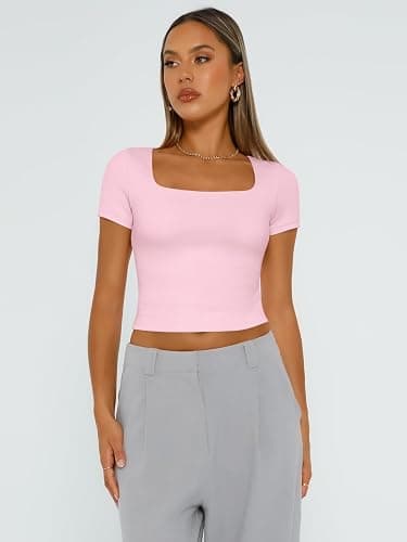 Trendy Queen Tshirts Shirts for Women Double Lined Going Out Crop Tops 2025 Spring Summer Workout Y2k Clothes Beach Fashion - X-Small - Sakurapink thumbnail 2