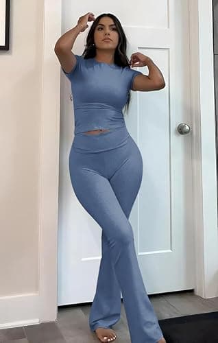 YETOWA Women's 2 Piece Lounge Outfits Slim Short Sleeve Tops Low Rise Flare Leggings Sets Yoga Sweatsuit thumbnail 3