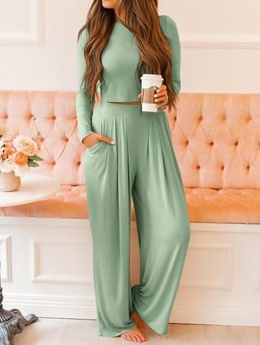 Ezbelle womenss Fall Fashion Lounge Sets Pajama Two Piece Cropped Pullover Jammies Outfits Casual Loungewear thumbnail 2
