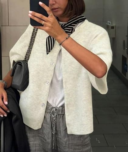 KMBANGI Women Knitted Cropped Blouse Short Sleeve Button Knit Shirt Crop Cardigan Y2k Open Front Knitwear Tops Dressy thumbnail 4