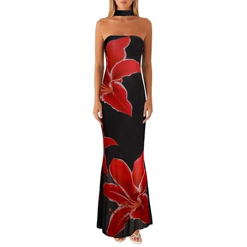 Women Floral Tube Maxi Dress with Scarf Summer Strapless Tube Bodycon Mesh Layer Cocktail Party Wedding Guest Dress - Image 1