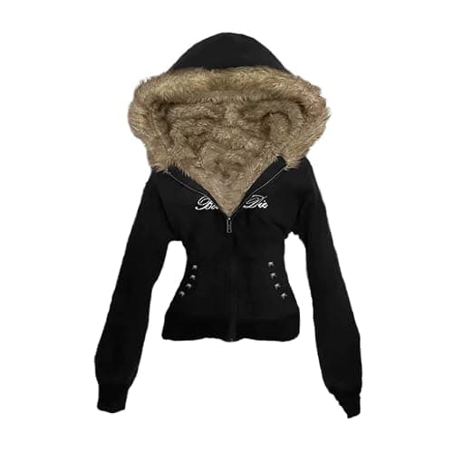 ORANDESIGNE Y2K Hoodie Damen Zip Up Winterjacke mit Fellkapuze Vintage Grunge Streetwear Kapuzenpullover mit Reißverschluss - Image 1