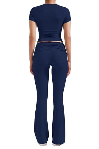 YETOWA Women's 2 Piece Lounge Outfits Slim Short Sleeve Tops Low Rise Flare Leggings Sets Yoga Sweatsuit thumbnail 2