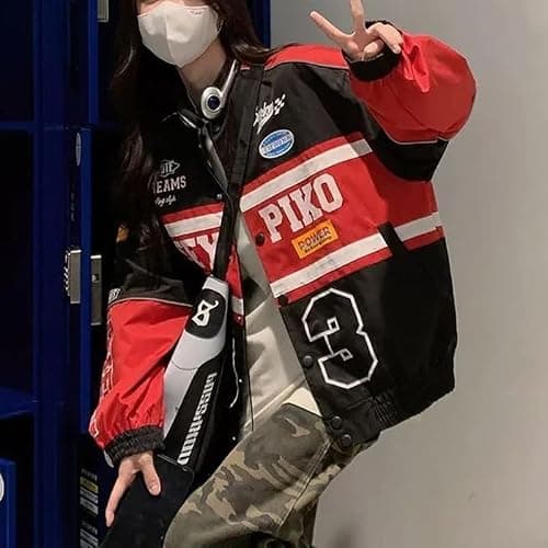 POHADON Varsity Jacket For Women Patchwork Long Sleeve Racing Bomber Letterman Jackets Color Block Y2k Vintage Streetwear - Medium - Red thumbnail 6