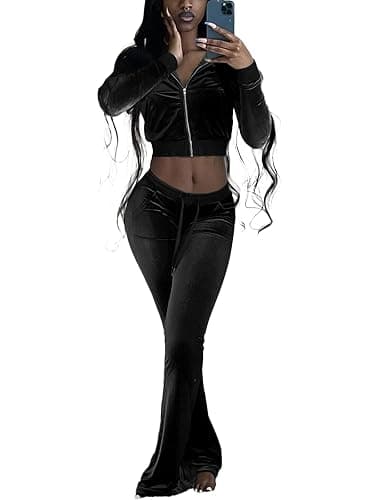 NSHYPOI Women Velour 2 Piece Outfits Zip Crop Jackets Wide Leg Pants Sets Tracksuits thumbnail 3