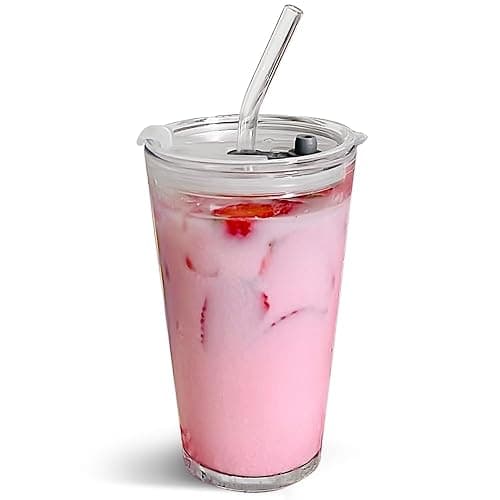 Olvini 15oz Glass Tumbler with Straw and Lid, Cute Iced Coffee Cups, Aesthetic Glass Cups, Coffee Tumbler, Water Cup, Matcha Cup, Drinking Glasses (Clear) - Image 1