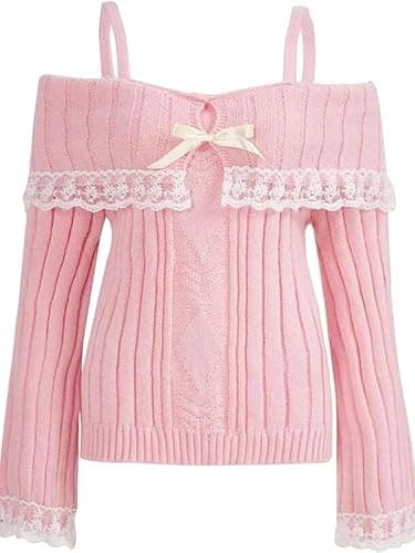 Women Off Shoulder Sweater Top Y2K Aesthetic Long Sleeve Lace Trim Knit Pullover Sweater Cutecore Kawaii Clothes thumbnail 2