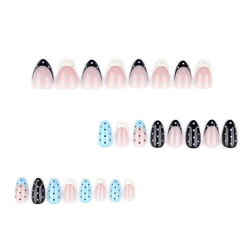 24PCS Soft Gel Press On Nails Almond Polka Dot Nude Blue Black Glossy, Reusable Glue On Fake Nails Acrylic Look False Nails for Women thumbnail 5