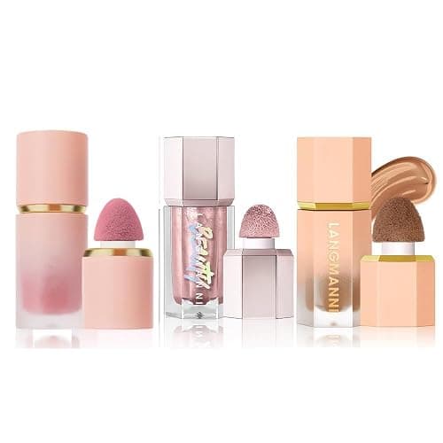 3 Pack Liquid Contour & Highlighter & Blush Makeup Set, Long Lasting Natural Weightless Buildable Contouring Bronzer Blusher Stick Beauty Wand Liquid Highlighter Makeup (Set A) - Image 1