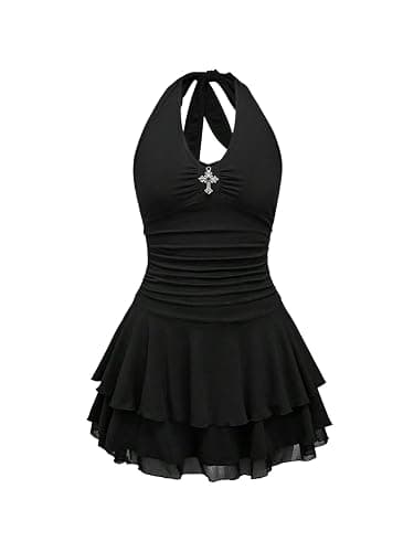 Milumia Women's Punk Tie Backless Halter Dress Y2k Ruched Layered Ruffle Hem Mini Dresses - Image 1