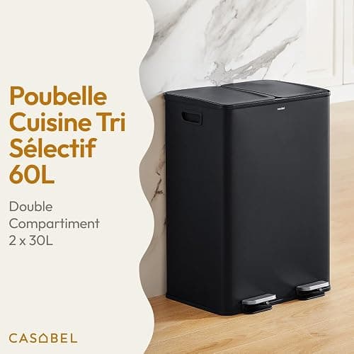 CASABEL Poubelle Cuisine Tri Sélectif 60L - 2 x 30 Litres, Double Compartiments 2x30L, Acier INOX Noir, Poubelle Recyclage Rectangulaire à Pédales, Anti Traces, Anti Odeurs, Entreprise Française thumbnail 2