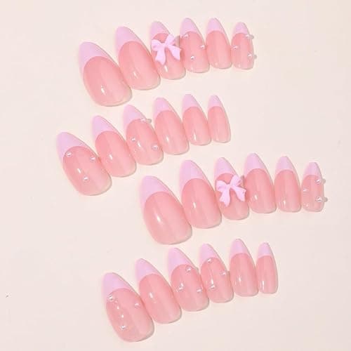 24Pcs Pink French Tip Press on Nails Almond Fake Nails with Bow Pearl Design Cute French False Nails Glossy Full Cover Artificial Acrylic Stick on Nails for Women Manicure Nail Decoration 24Pcs thumbnail 6