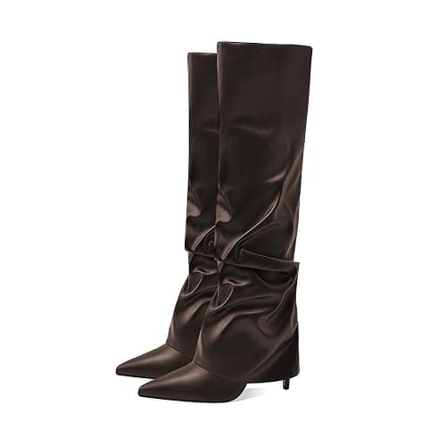 MOTIMODEN Women's Knee High Boots Fold Over High Heel Pointed Toe Black White Long Boots Women Dress Tall Boots for Women thumbnail 5