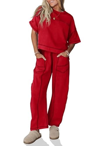 Fisoew Womens 2 Piece Outfits Lounge Sets Short Sleeve Tops and Wide Leg Pants Travel Vacation Casual Matching Sets - Image 1