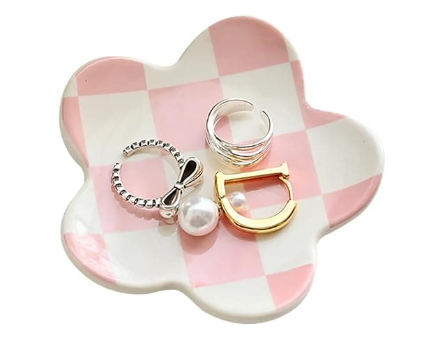 OVENKEI Preppy Teen Girls Gifts - Trendy Pink Room Decor, Checkered Jewelry Tray - Image 1