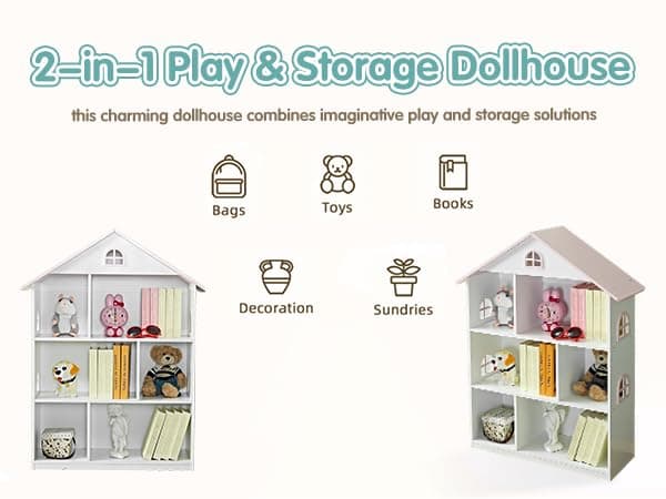 Wooden Dollhouse Bookshelf 4-Tier Kids Bookcase, Toy Storage Organizer & Playhouse with 6 Compartments for Girls Boys, Pink and White Room Furniture for Bedroom Playroom thumbnail 4