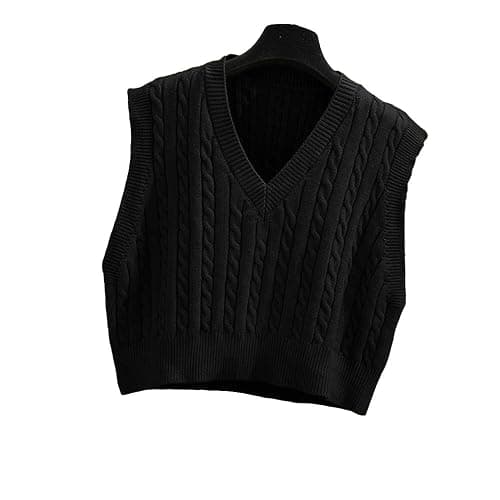 Lailezou Women's V-Neck Knit Sweater Vest Solid Color Argyle Plaid Preppy Style Sleeveless Crop Knit Vest - Image 1