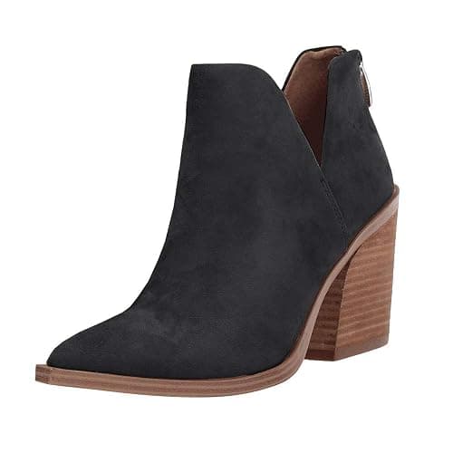Kathemoi Womens Slip on Ankle Boots V Cutout Pointed Toe Chunky Stacked Mid Heel Booties - Image 1