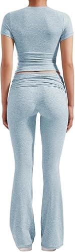 ZFLM Casual Workout Two Piece Outfits for Women Short Sleeve Crop High Waist Foldover Flare Pants Tracksuit Sets Streetwear thumbnail 4
