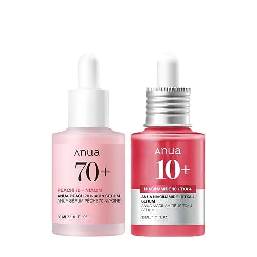 Anua Pink Serum Duo for Korean Glass Skin:10% Niacinamide + 4% Tranexamic Acid Serum &amp; Peach 70 Niacinamide Serum for Dull Skin, Skin Barrier, Fragrance-Free, Korean Skincare - Image 1