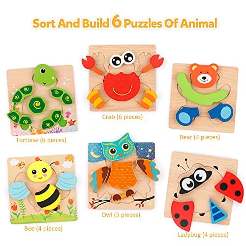 Coogam Wooden Jigsaw Puzzle Set, 6 Pack Animal Shape Color Montessori Toy, Fine Motor Skill Early Learning Preschool Game for 2 3 4 5 Years Old Kid Toddler thumbnail 2