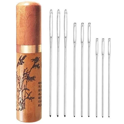 Large Eye Blunt Needles, Stainless Steel Tapestry Needle, Yarn Knitting Needles, Darning Needle with Wooden Needle Case Carving Pattern - Image 1