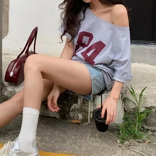 Pinclodly Off The Shoulder Tops for Women Short Sleeve Y2K Jersey Number Graphic Oversized Tshirts E-Girl Tees thumbnail 3