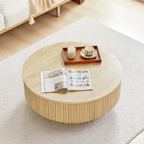 33" Round Coffee Table with Lift-Top & Flip-Top Storage, Modern Accent Fluted Coffee Tables with Metal Frame, Wooden Circle Center Table for Living Room Small Space Apartment Office (Natural) thumbnail 8