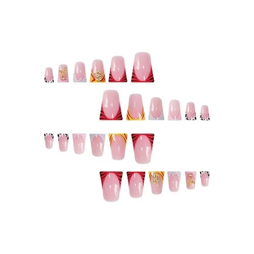 FIEONCIY Press on Nails Duck Shaped Glossy Full Cover Acrylic French False Nails with Designs Artificial Medium Duck Fake Nails with Charms Glue ons Fingernails for Women Girls(YZ22) thumbnail 2