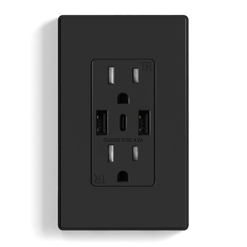 ELEGRP 3-Port USB C Wall Outlet Receptacle, Matte Black 15 Amp With USB Ports, TR Tamper-Resistant, Screwless Wall Plate Included, UL & CUL Listed, 1 Pack - 15 Amp Outlet - Black - 1 - Image 1