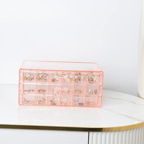 YUFONG Earring Storage Box Organizer 3 Drawers Acrylic Jewelry Storage Box Holder Transparent Jewelry Display Stand with 72 Small Compartments Gift for Women Girls (Clear Pink) thumbnail 5