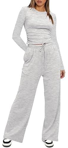 OLIPHEE Ensemble Femme 2 Pièces Haut Manches Longues et Pantalon Fluide Jambe Large Ensemble Chic et Elegant Survêtement Femme Combinaison Outfit Yoga Fitness Jogging thumbnail 2