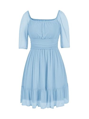 Wenrine Womens Puff Short Sleeve Mini Dress Mesh Square Neck High Waist Ruffle Hem Flowy Party A Line Dress thumbnail 8