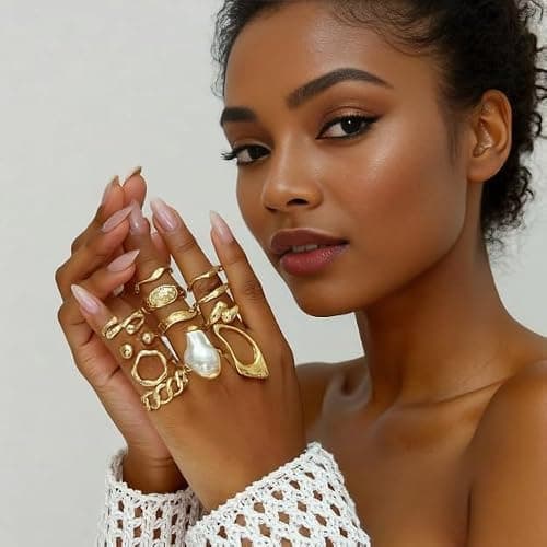 LKingel Chunky Gold Rings for Women Gold Baroque Pearl Rings Open Adjustable Pearl Ring Stacking Knuckles Rings Set Boho Prom Costume Fashion Jewelry for Women 2025 thumbnail 4