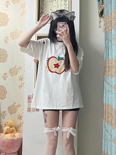 JOLILUNA Whimsy Twee Clothes for Women Oversize Graphic Apple Tee Y2k Fashion Whimsical Clothes 2025 thumbnail 6